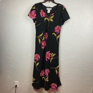 Jessica Howard 90s Black Pink Lily Floral Dress Size 14